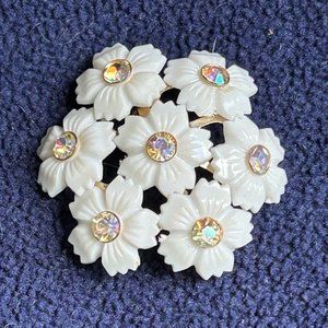 Vintage Brooch with White Plastic Flowers with Rhinestone centers